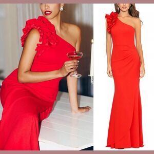 NEW $298 XSCAPE [ PETITE 6P ] Ruffled Detail‎ One Shoulder Gown in Red #S2045